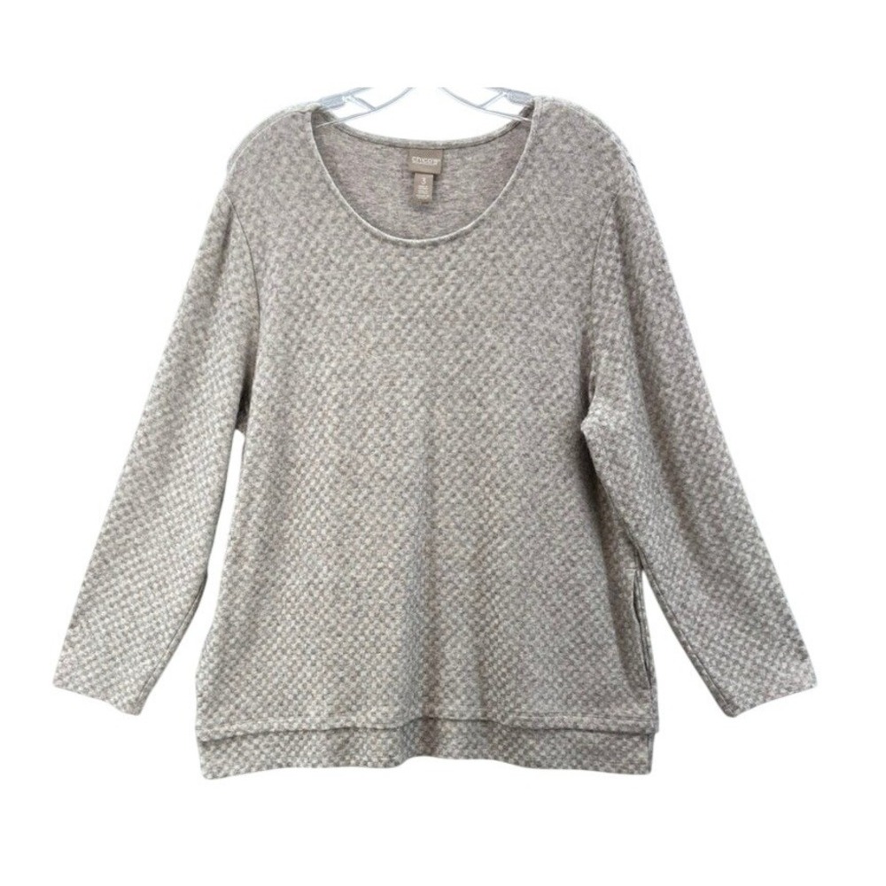 Chicos‎ Shirt Sz 3 XL Textured Checkered Jacquard Scoop Neck Beige Grey Pockets